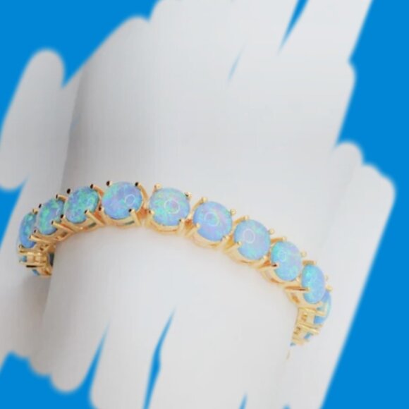 Beautiful October Birthstone Blue Opal Simulated 18k Gold plating bracelet 7 1/4 - Picture 3 of 4